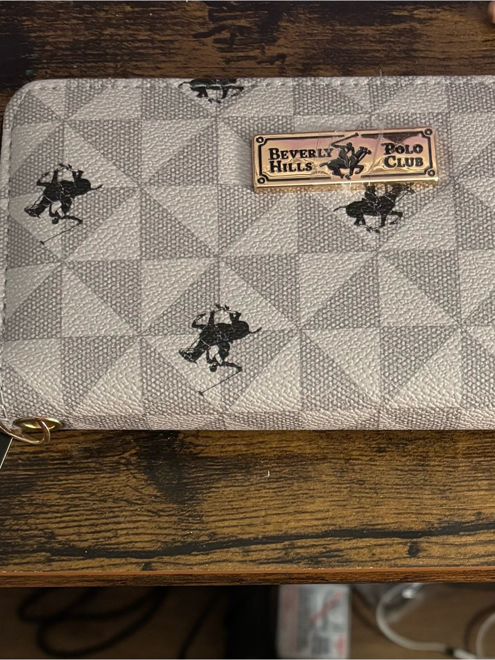 Beverly Hills Polo Club Men’s Cream Gray Logo Zip Wallet with Gold Plate
